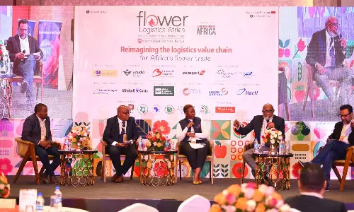 Nick Mwaura of International Procurement & Logistics (IPL), Ken Mbogo of Saudia Cargo, Lina Jamwa of Kenya Flower Council, Jacob Bwana of Kenya Airports Authority and Reji John of Logistics Update Africa during the first business session of Flower Logistics Africa 2024.