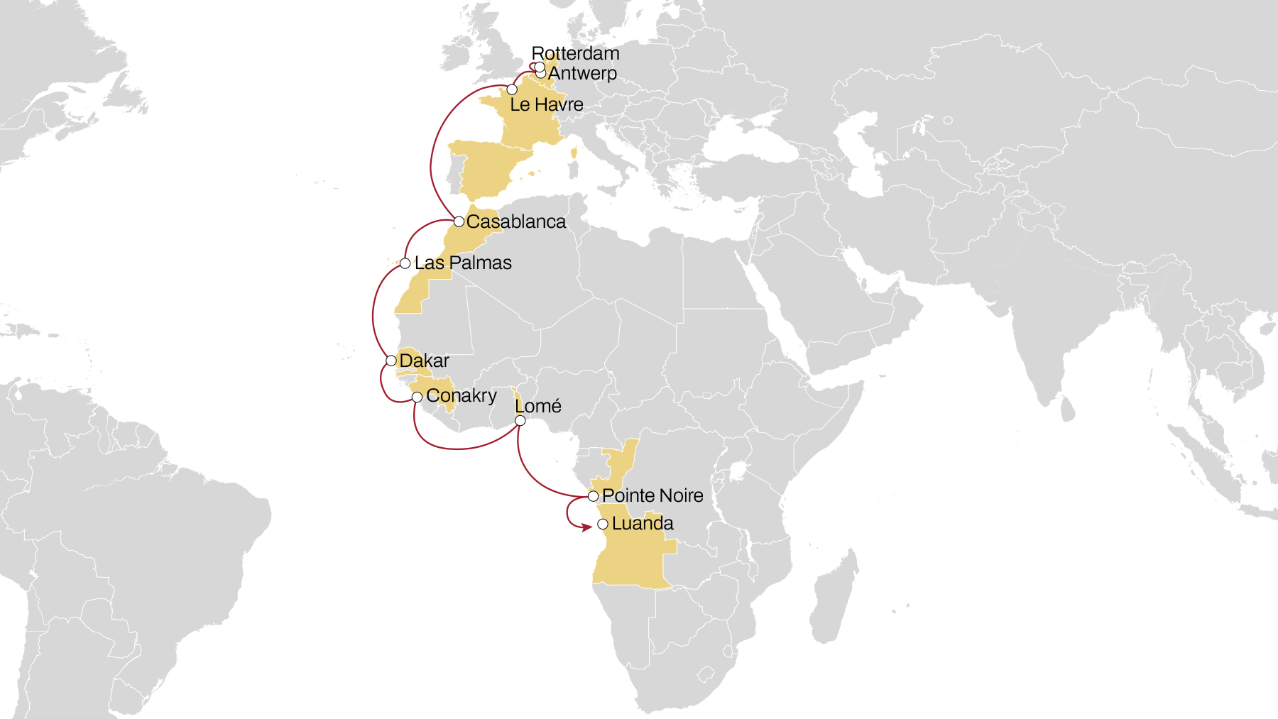 Rotterdam – Antwerp – Le Havre – Casablanca – Las Palmas – Dakar – Conakry – Lome – Pointe Noire – Luanda Rotterdam – Antwerp – Le Havre – Casablanca – Las Palmas – Dakar – Conakry – Lome – Pointe Noire – Luanda