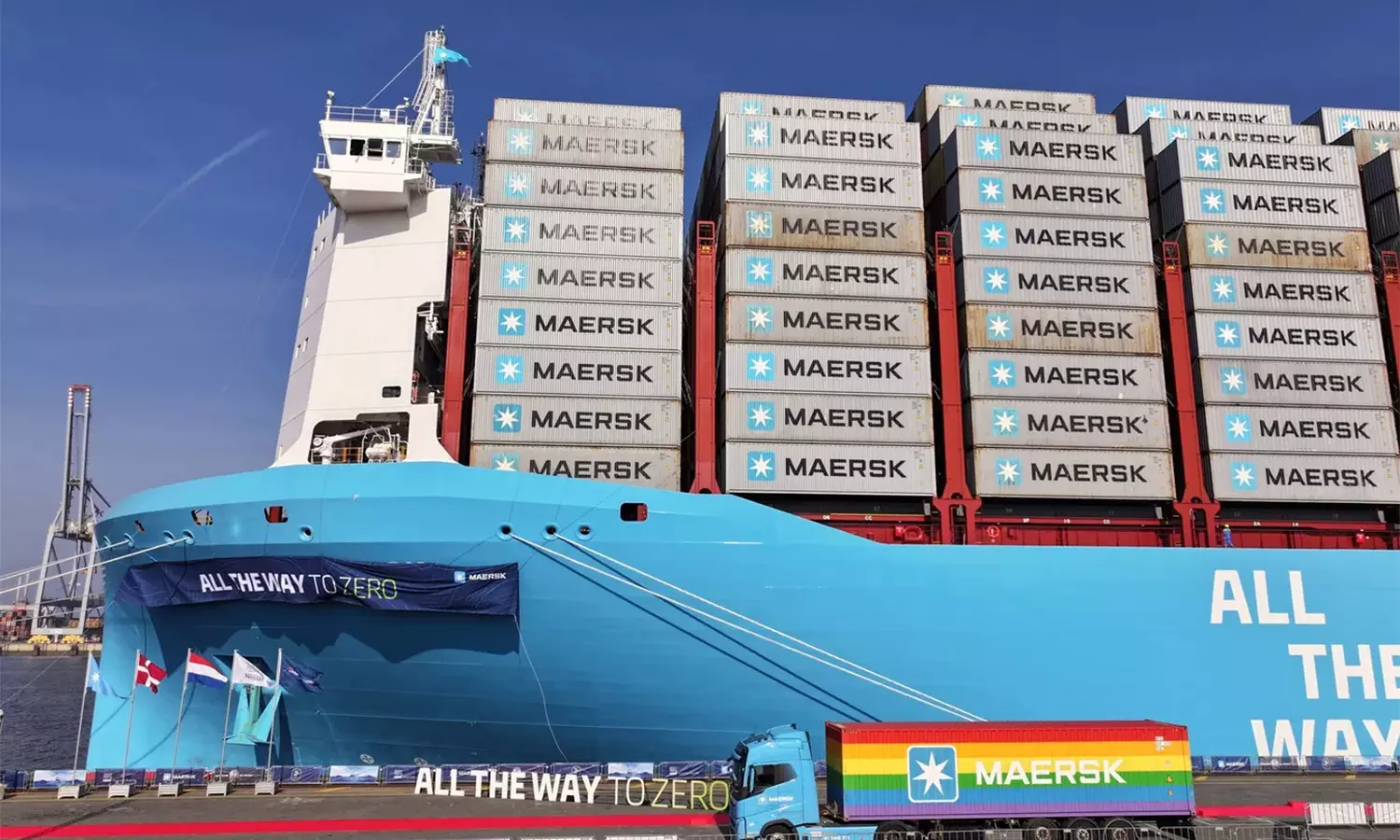 The 16,592-teu methanol dual-fuel Adrian Maersk (built 2025) — namesake of the first vessel deployed by Maersk 50 years ago — at its naming ceremony in Rotterdam on 27 March