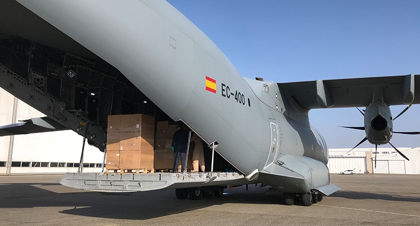 Loading cargo onboard the A400M bound for Spain. Loading cargo onboard the A400M bound for Spain.